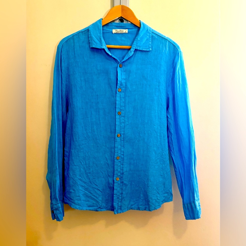 Sky Blue 100% Italian Linen Long Sleeve Button Up
